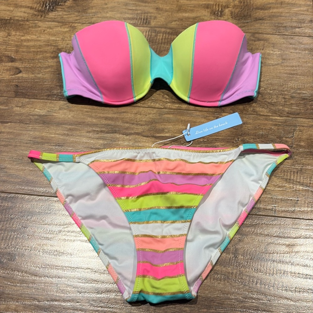 Live life on the beach neon colourblock bikini M bottom 34C top